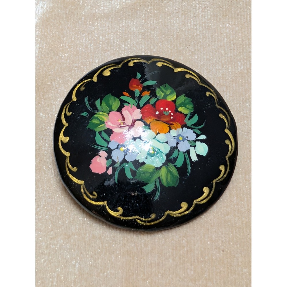 Vintage Russian Lacquer Floral Brooch Hand Painted Black Gold Round Pin Signed